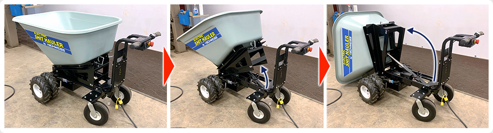 Electric Manure Hauler by Schweiss dumps to a full 90 degrees.